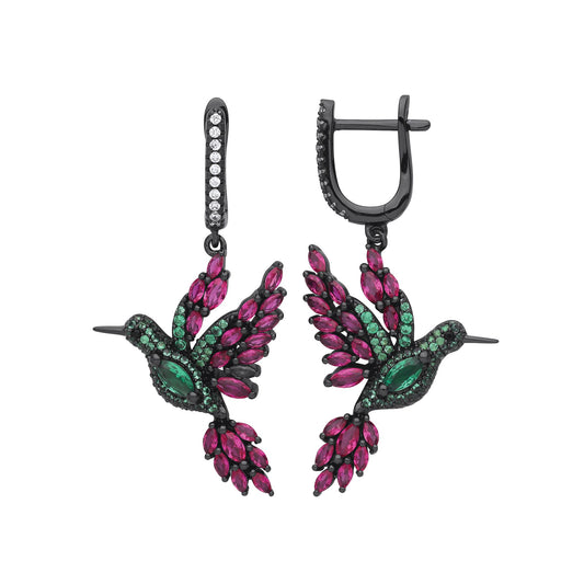 Black Silver Pink & Green Marquise CZ Hummingbird Drop Earrings - GVE862