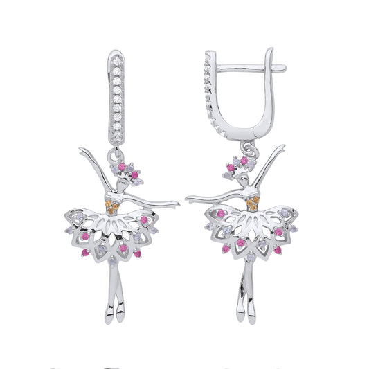 Silver Yellow Pink Lilac CZ Ballerina Ballet Dancer Drop Earrings - GVE863