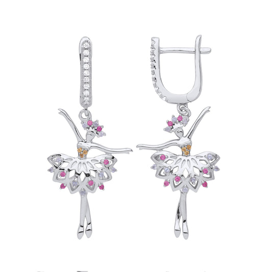 Silver Yellow Pink Lilac CZ Ballerina Ballet Dancer Drop Earrings - GVE863