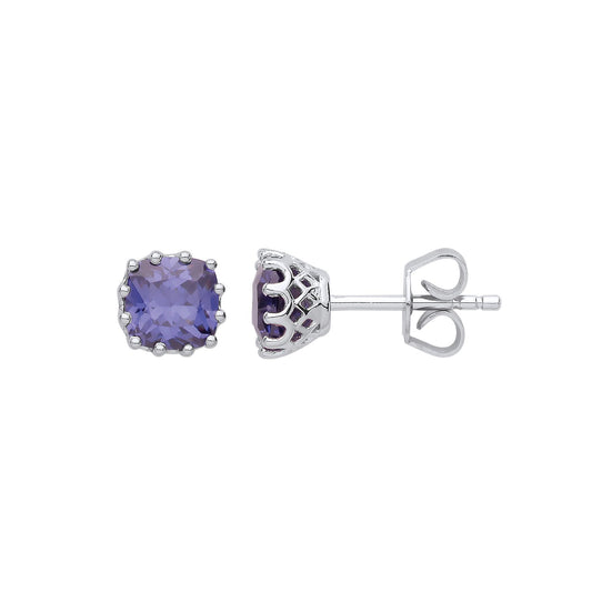 Silver Purple Cushion CZ 12Claw Crown Solitaire Stud Earrings 6mm - GVE865