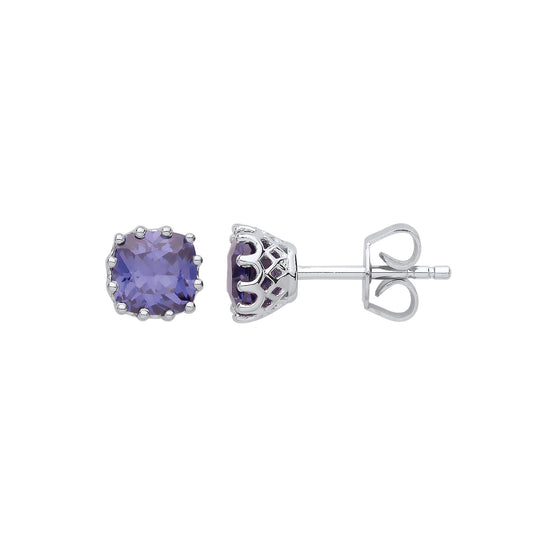 Silver Purple Cushion CZ 12 Claw Crown Solitaire Stud Earrings 6mm - GVE865