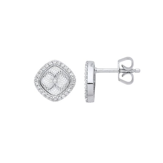Silver CZ Diamante-cut Kaleidoscope Guilloché Stud Earrings - GVE866