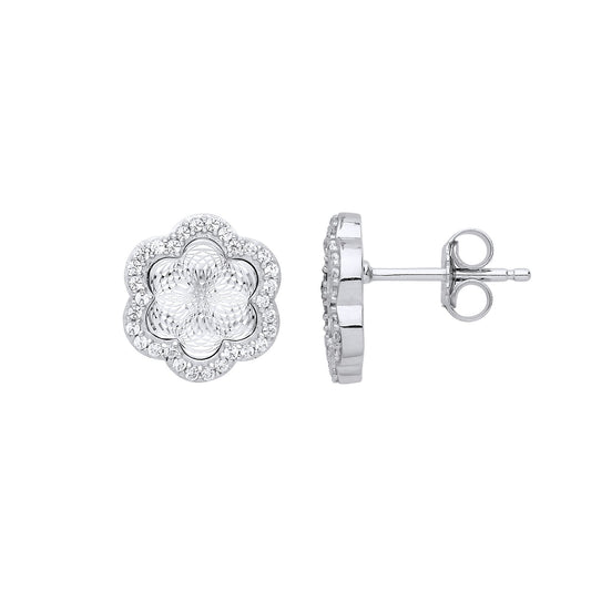 Silver CZ Diamant-cut Kaleidoscope Guilloché Stud Earrings - GVE868