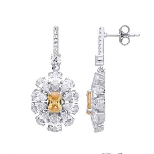 Silver Yellow Rectangular & Pear CZ Popcorn Flower Drop Earrings - GVE871