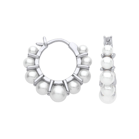 Silver Simulated Pearl Bubbly Hoop Drop Earrings 20mm 3-5mm - GVE873