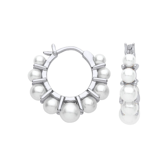 Silver Simulated Pearl Bubbly Hoop Drop Earrings 20mm 3-5mm - GVE873