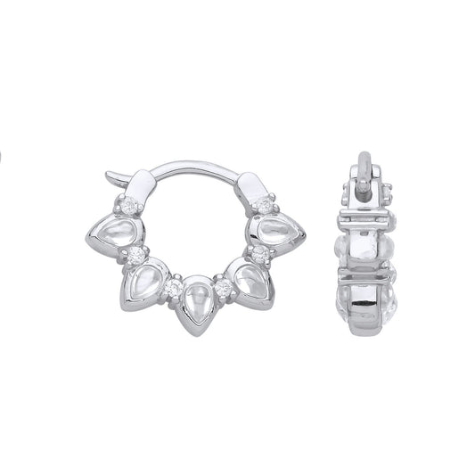 Silver Pear CZ Flower Petals Hoop Drop Earrings 13mm - GVE875
