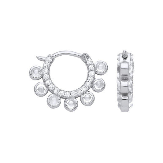 Silver Spherical CZ Bubbly Flower Hoop Drop Earrings 13mm - GVE876