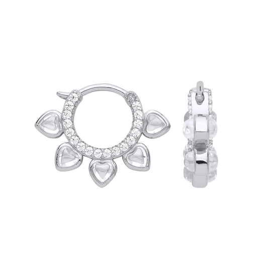 Silver Heart CZ Flower Petals Hoop Drop Earrings 13mm - GVE877