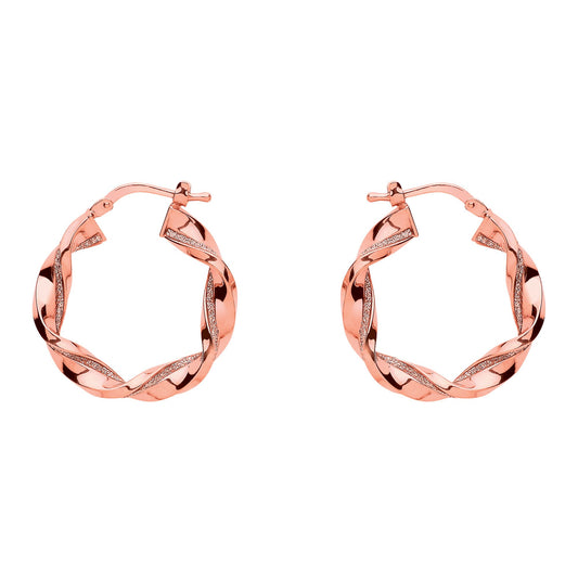 Rose Silver Square Tube Twist Moondust Hoop Earrings 25mm - GVE894R