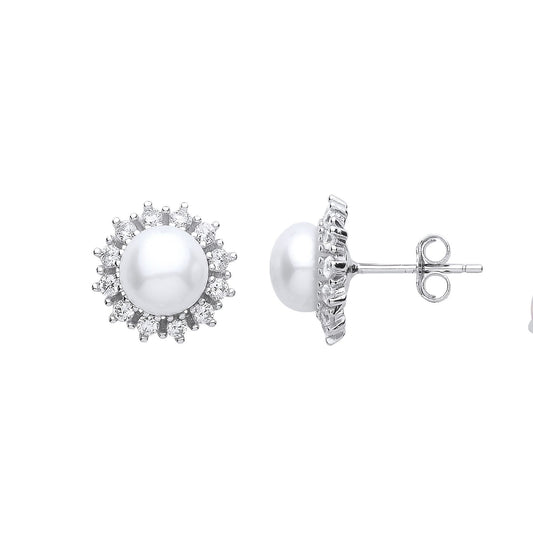 Silver CZ Pearl Full Moon Star Burst Stud Earrings 7mm - GVE903