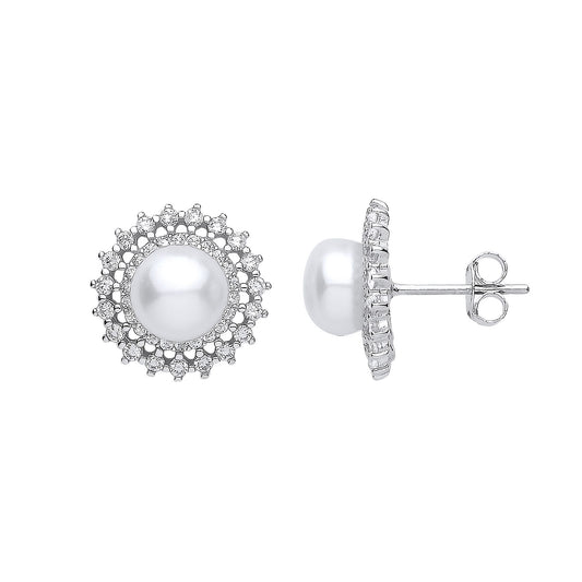 Silver CZ Pearl Full Moon Star Burst Stud Earrings 7mm - GVE904