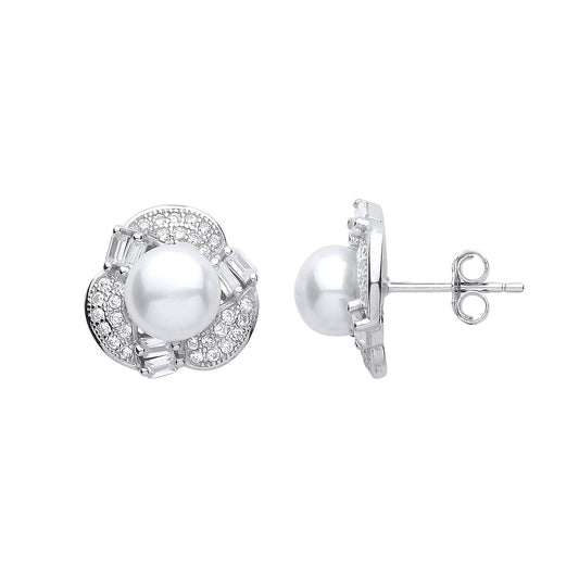 Silver CZ Pearl Full Moon Floral Stud Earrings 7mm - GVE905