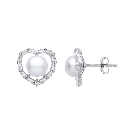 Silver Baguette CZ Pearl Full Moon Love Heart Stud Earrings 7mm - GVE906