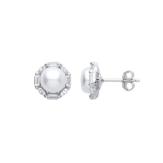 Silver Baguette CZ Pearl Full Moon Octagon Stud Earrings 7mm - GVE907