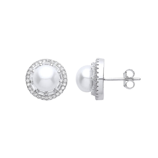 Silver CZ Pearl Full Moon Halo Stud Earrings 7mm - GVE908