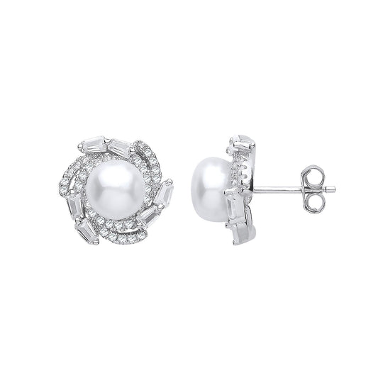 Silver Baguette CZ Pearl Full Moon Whirlpool Stud Earrings 7mm - GVE909