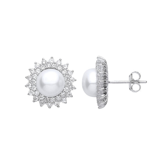 Silver CZ Pearl Full Moon Star Burst Stud Earrings 8mm - GVE910