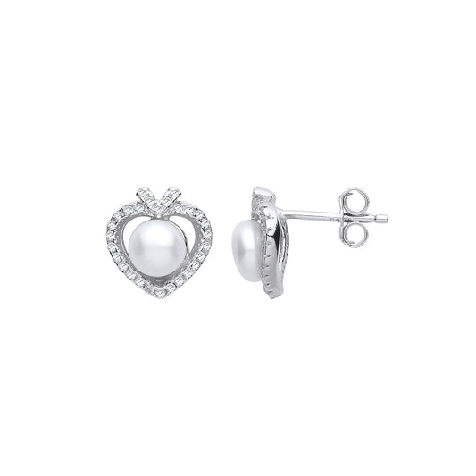 Silver CZ Pearl Full Moon Love Heart Drop Earrings 5mm - GVE912