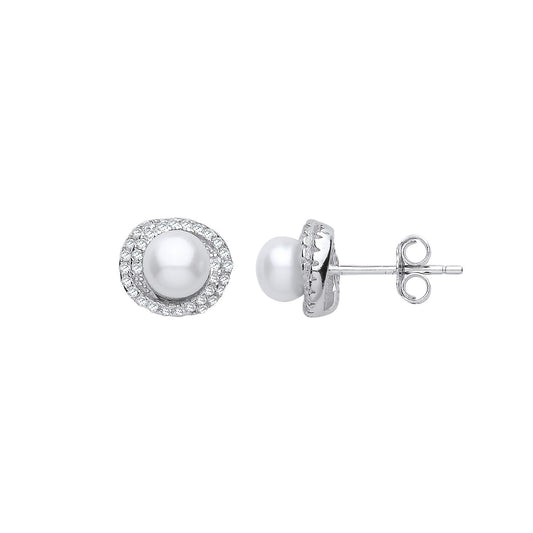 Silver CZ Pearl Full Moon Wormhole Stud Earrings 5mm - GVE913