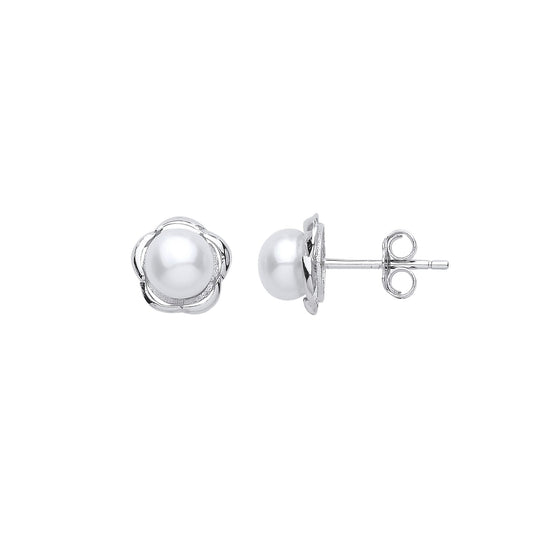 Silver Pearl Full Moon Daisy Stud Earrings 6mm - GVE914