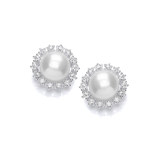 Silver CZ Pearl Sunflower Cluster Stud Earrings 9mm - GVE916