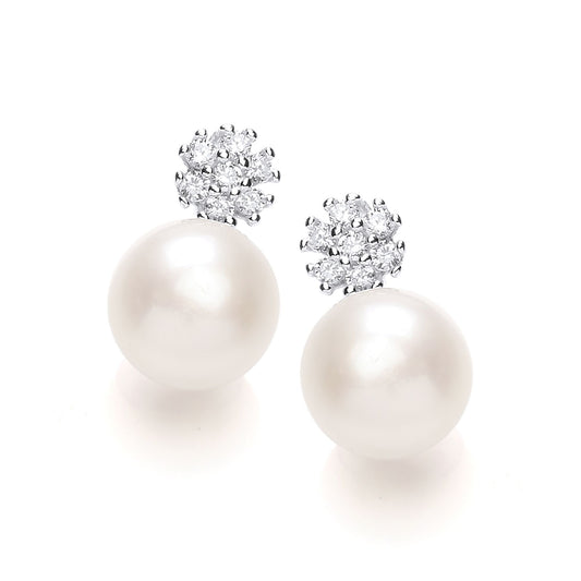 Silver CZ Pearl Mini Cluster Drop Earrings 7mm - GVE917