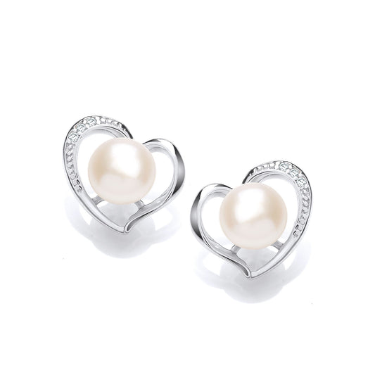 Silver CZ Pearl Full Moon Love Heart Stud Earrings 6mm - GVE920