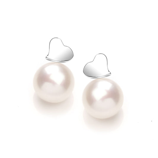 Silver Pearl Full Moon Love Heart Drop Earrings 9mm - GVE921