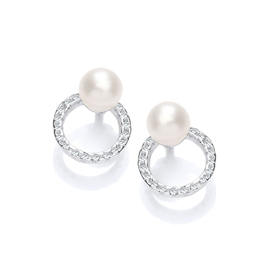 Silver CZ Pearl Full Moon Halo Orbit Drop Earrings 4.5mm - GVE923