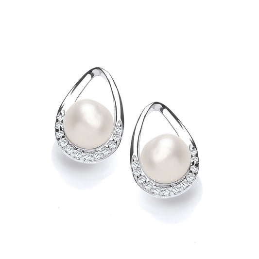 Silver CZ Pearl Full Moon Pear Avocado Drop Earrings 6mm - GVE924