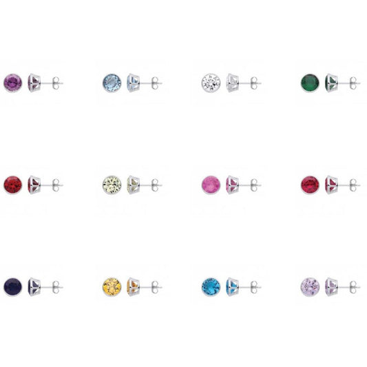 Silver CZ Birthstone Stud Earrings 9mm -