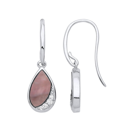 Silver Black Pear CZ M.O.P Crescent Coast Raindrop Drop Earrings - GVE931