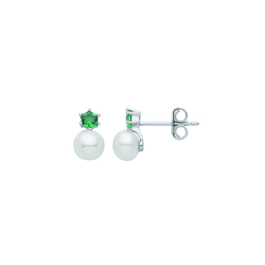 Silver Green Hexagon Honeycomb Pearl CZ Headdress Stud Earrings - GVE941