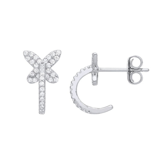 925 Sterling Silver CZ Semi Eternity Hoop Butterfly Drop Earrings - GVE946