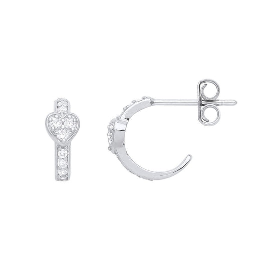 Sterling Silver CZ Semi Eternity Hoop Love Heart Drop Earrings - GVE948