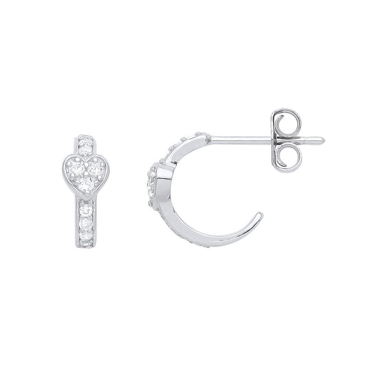 Sterling Silver CZ Semi Eternity Hoop Love Heart Drop Earrings - GVE948