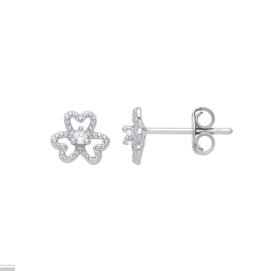 925 Silver CZ Love Heart Beaded Clover Solitaire Stud Earrings - GVE949