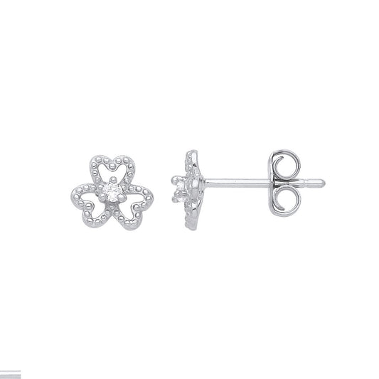 925 Silver CZ Love Heart Beaded Clover Solitaire Stud Earrings - GVE949