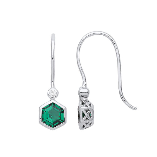 Silver Green Hexagon Honeycomb CZ Bezel Toi et Moi Drop Earrings - GVE950