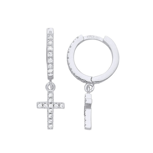 925 Sterling Silver CZ Eternity Huggie Hoop Cross Drop Earrings - GVE951