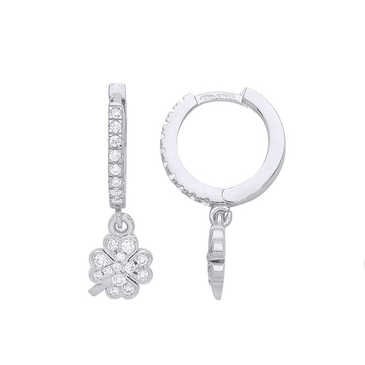 Silver CZ Eternity Huggie Hoop Lucky 4 Leaf Clover Drop Earrings - GVE953