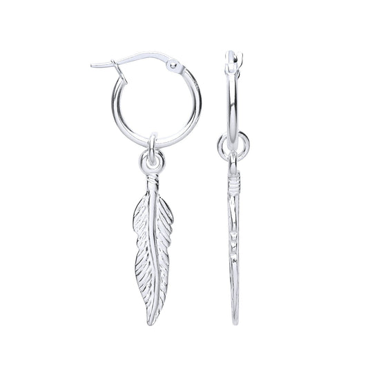 925 Sterling Silver Angel Wing Feather Leaf Hoop Drop Earrings - GVE955