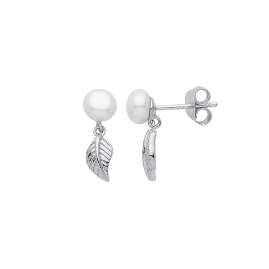 Sterling Silver Cream Pearl Full Moon Feather Leaf Drop Earrings - GVE960