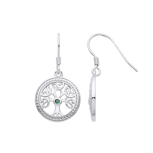 Silver Green CZ Rope Circle Celtic Tree of Life Drop Earrings - GVE962