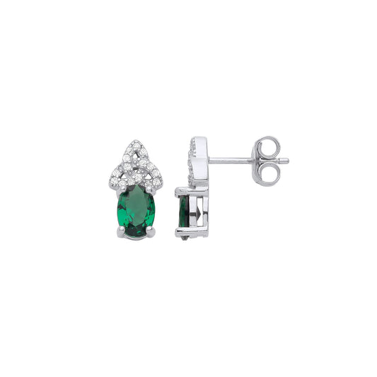 Silver Green Oval CZ Trefoil Triquetra Trinity Knot Stud Earrings - GVE967