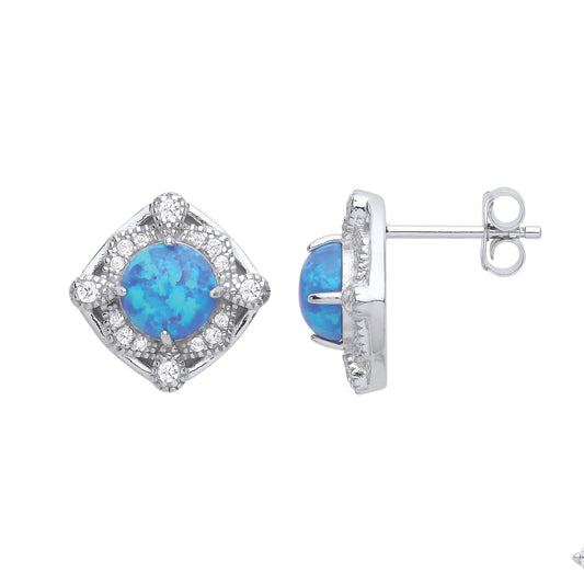 Silver Blue Opal CZ Luxury Mosaic Pool Pear Cushion Stud Earrings - GVE968