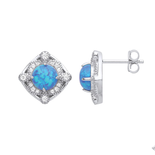 Silver Blue Opal CZ Luxury Mosaic Pool Pear Cushion Stud Earrings - GVE968