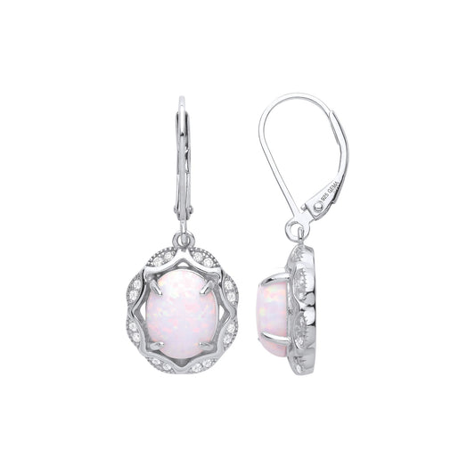 Silver Rainbow Oval Opal CZ Scallop Edge Predator Drop Earrings - GVE970