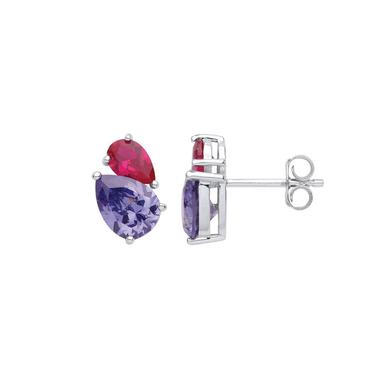 Silver Lilac Red Pear CZ Passing Ships Toi et Moi Stud Earrings - GVE972